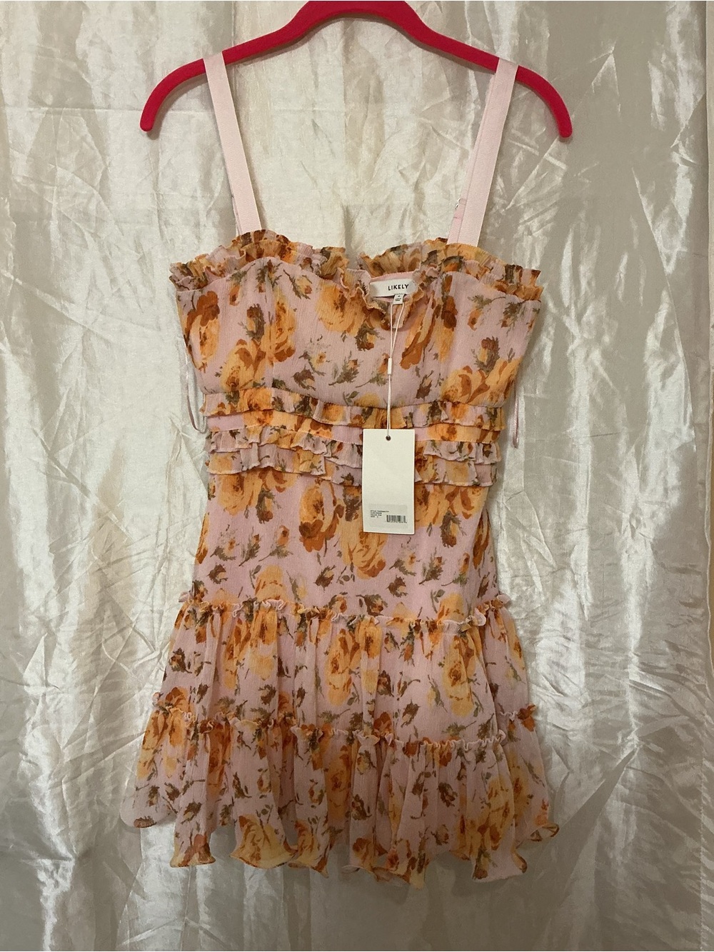 NWT LIKELY Pink Floral Ruffle Corset Mini Dress Size 0